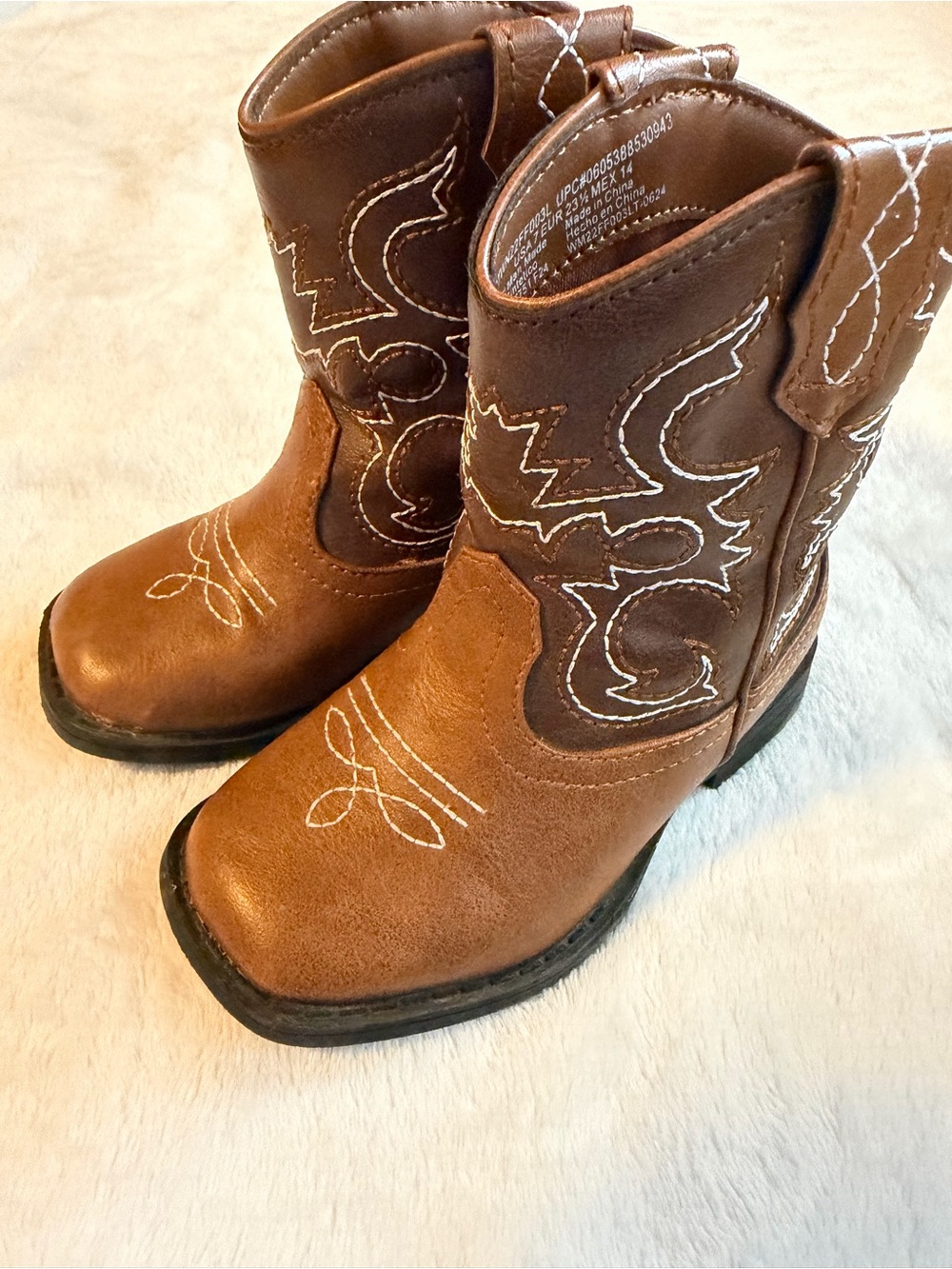 Wonder Nation Brown Kids Cowboy Boots with White Stitching